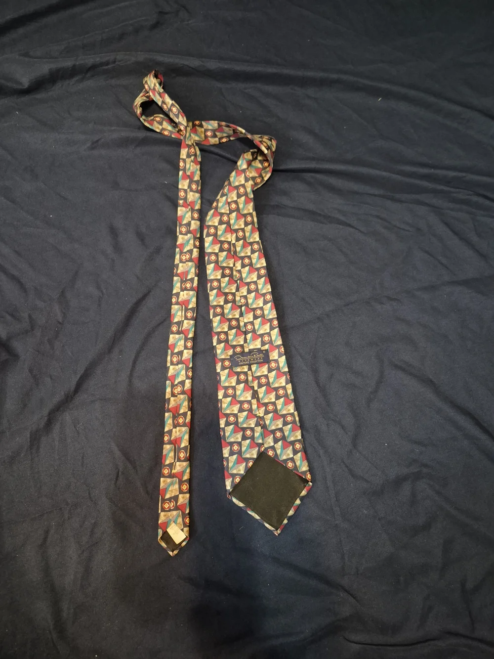 Oscar de la Renta Men's Silk Tie in Red, Green and Gold Geometric Print